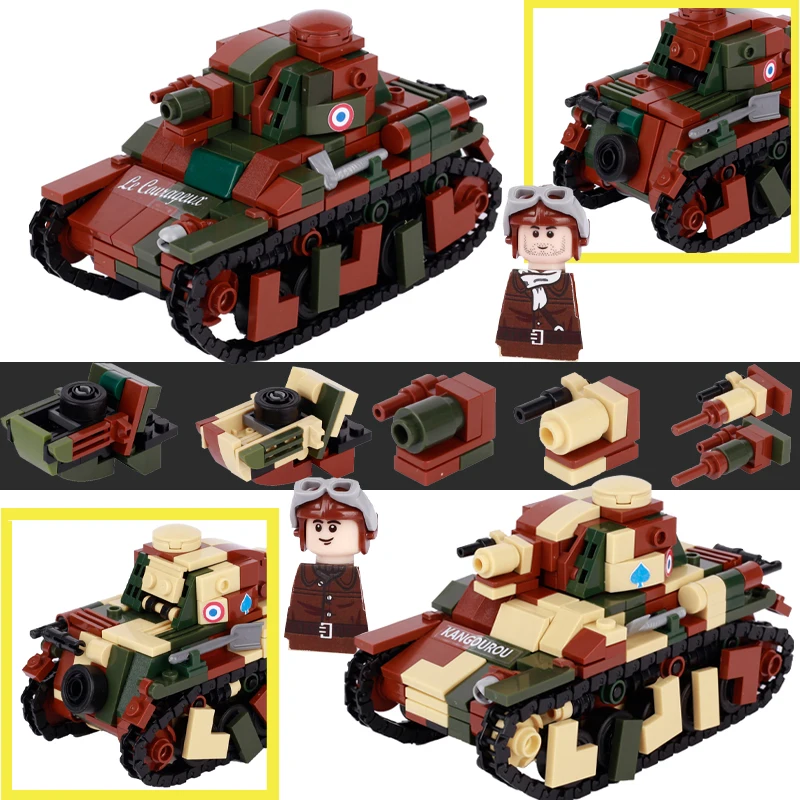 WW2 Military France R35 Tank Building Blocks Army Soldier Printing Stickers Clothing Figures Parts Car Bricks Kids Toys