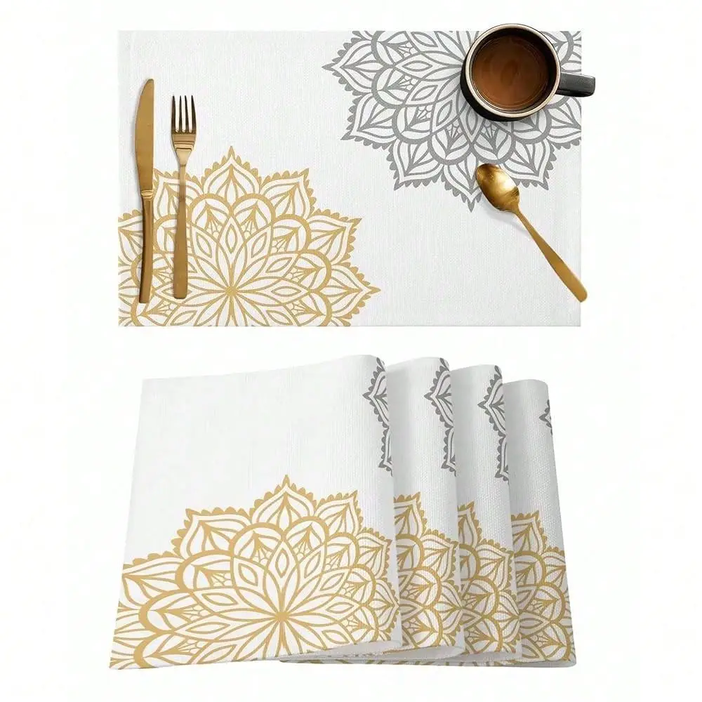 

Dahlia Flowers Yellow Grey Placemats Set Of 6, Cotton Linen Heat Resistant Table Mats NonSlip Washable Placemat For Holiday Ban