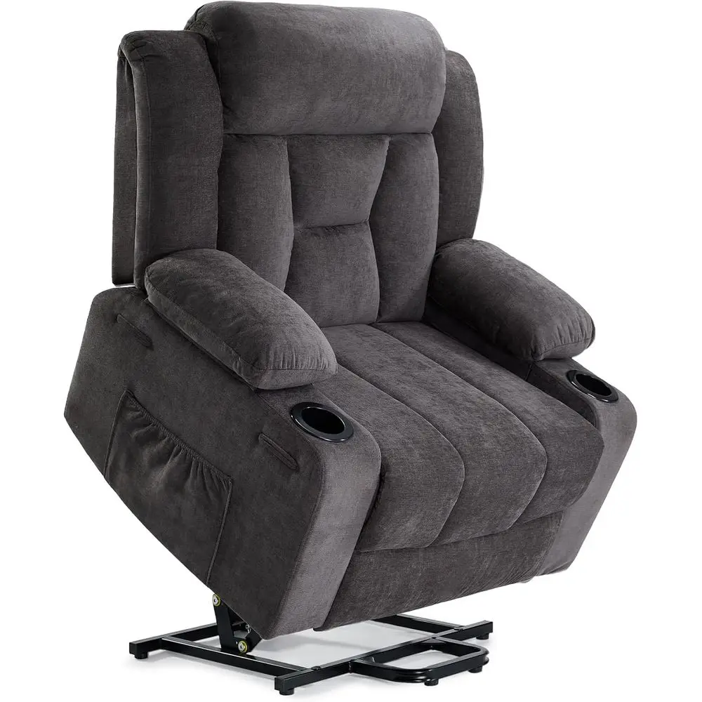 Dual Motor Power Lift Recliner with Massage, Heat, Cup Holders for Elderly in Grey Fabric