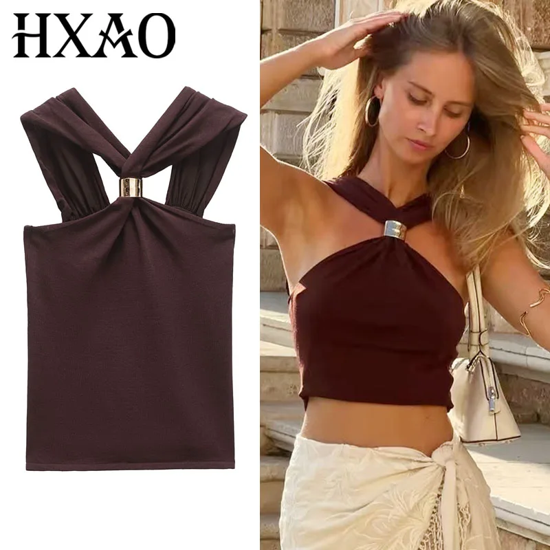 

HXAO Women Top Crop Halter Top Women Knit Slim Brown Tanks & Camis Sexy Off Shoulder Backless Tight Tops For Woman Fashion Vests