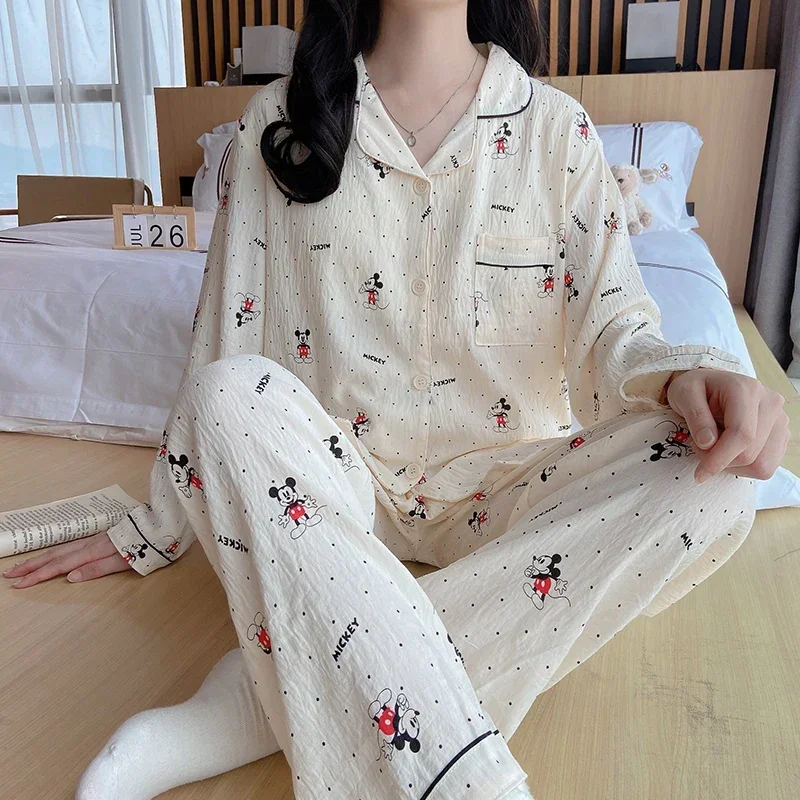 Disney Mickey Mouse Autumn Cotton Long Sleeve Pants Two-piece Set with Chest Pad Homewear Women\'s Pajamas Silk Pajamas Women\'s