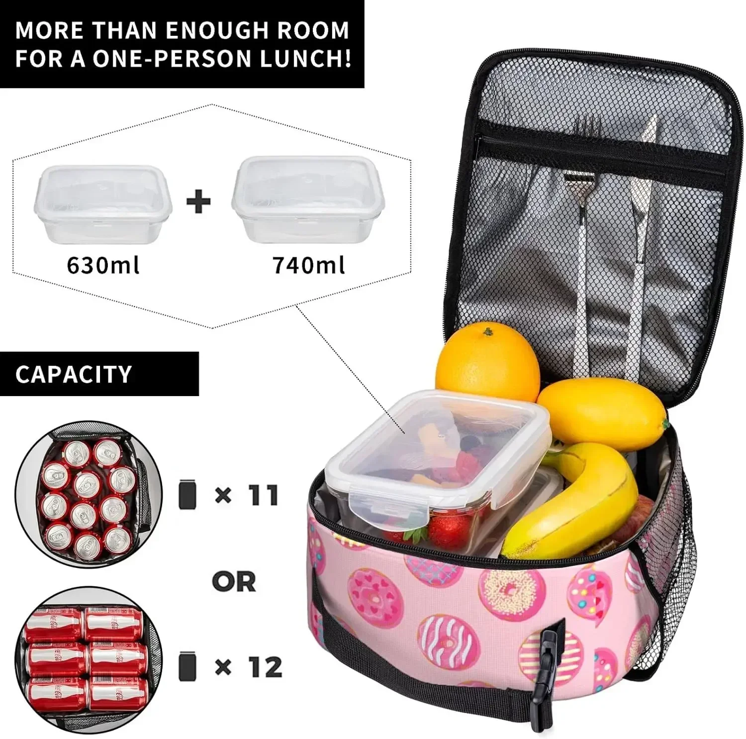 Cute Pink Donut Lunch Bag Double Insulated Leakproof Lunch Box Tote Bag Cooler with Side Pockets for Work Picnic Travel Camping