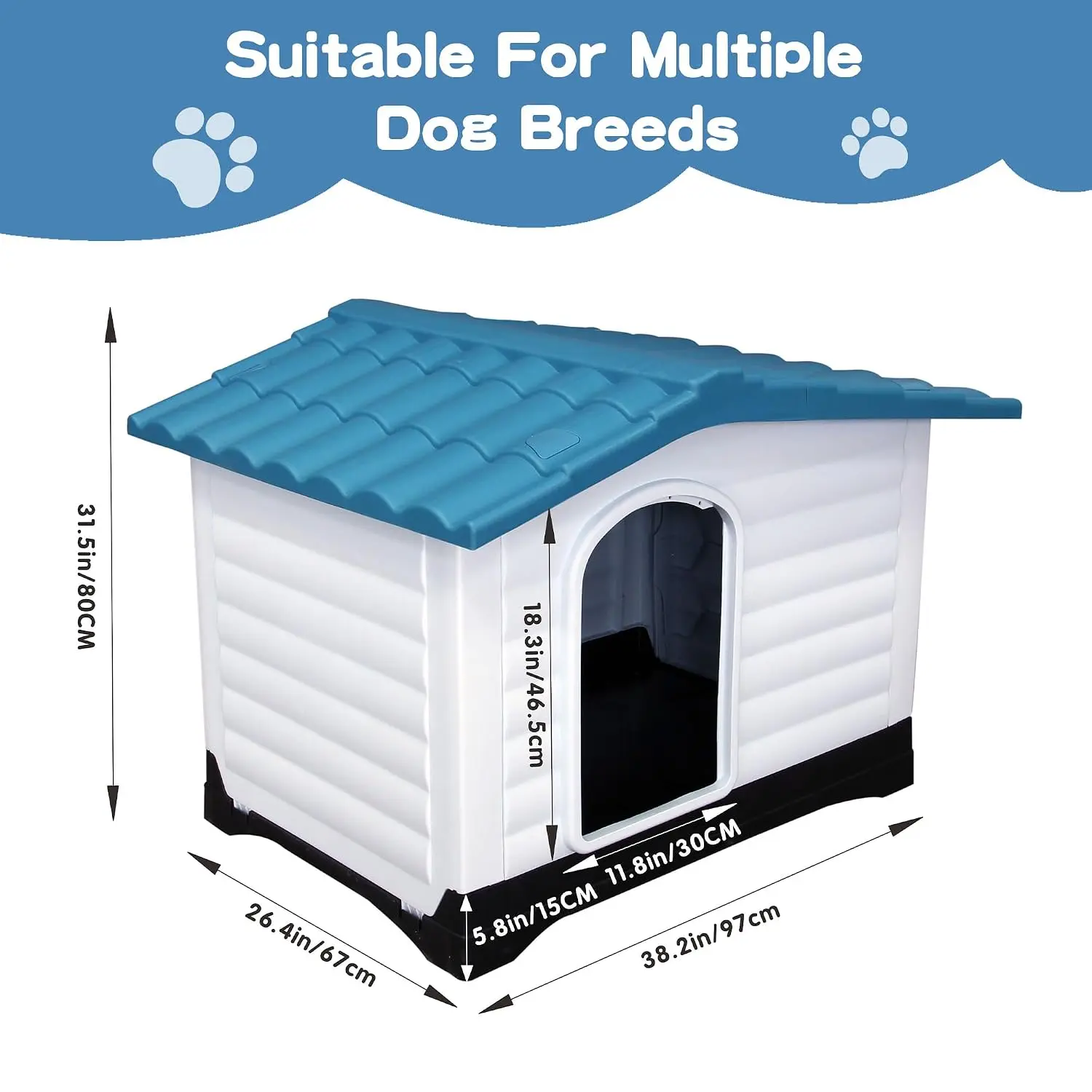 Large 2-Door Dog House Indoor & Outdoor Fold Porch Elevated Waterproof Pet House Small Medium Dogs 38''Lx26''Wx31''H, Customized