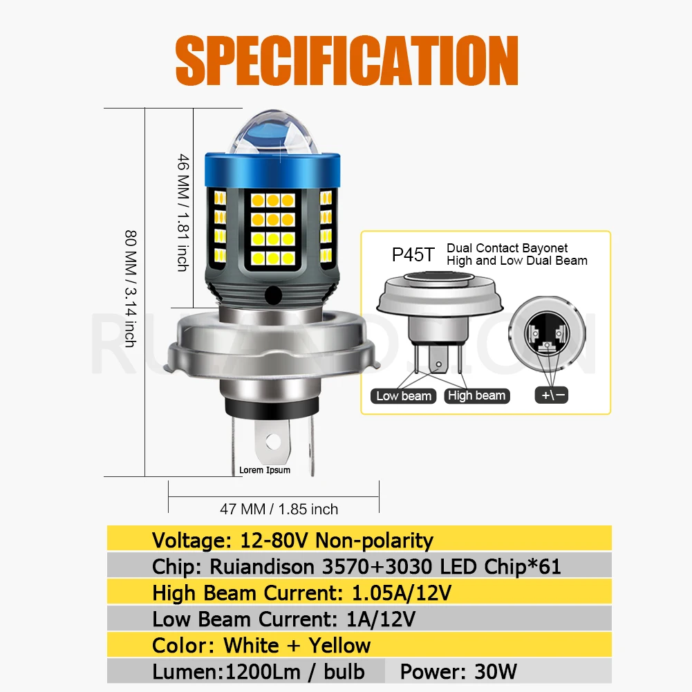1pc BA20D P45T H4 Headlight Bulb H6 Motorcycle LED Headlight Lamps Hi/Low Beam 12-80V 30W White Yellow Bulbs Auxiliary Lights