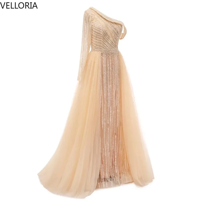 

Женское вечернее платье цвета шампанского на одно плечо, расшитое бисером, торжественное вечернее платье с бальным платьем из тюля, Vestdos De Fiesta по индивидуальному заказу