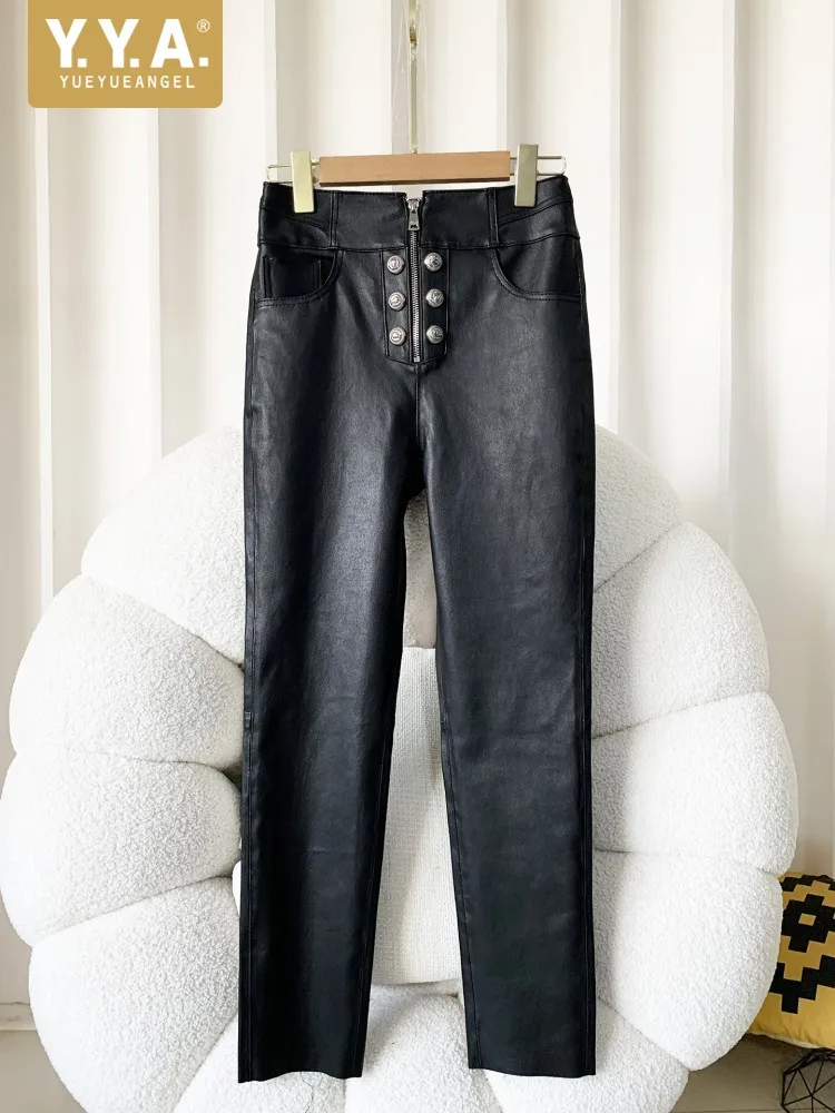 

Leisure Pockets Slim Zipper Versatile Genuine Leather Pants Fashion Solid Color High Waist Ladies Elastic Sheepskin Trousers