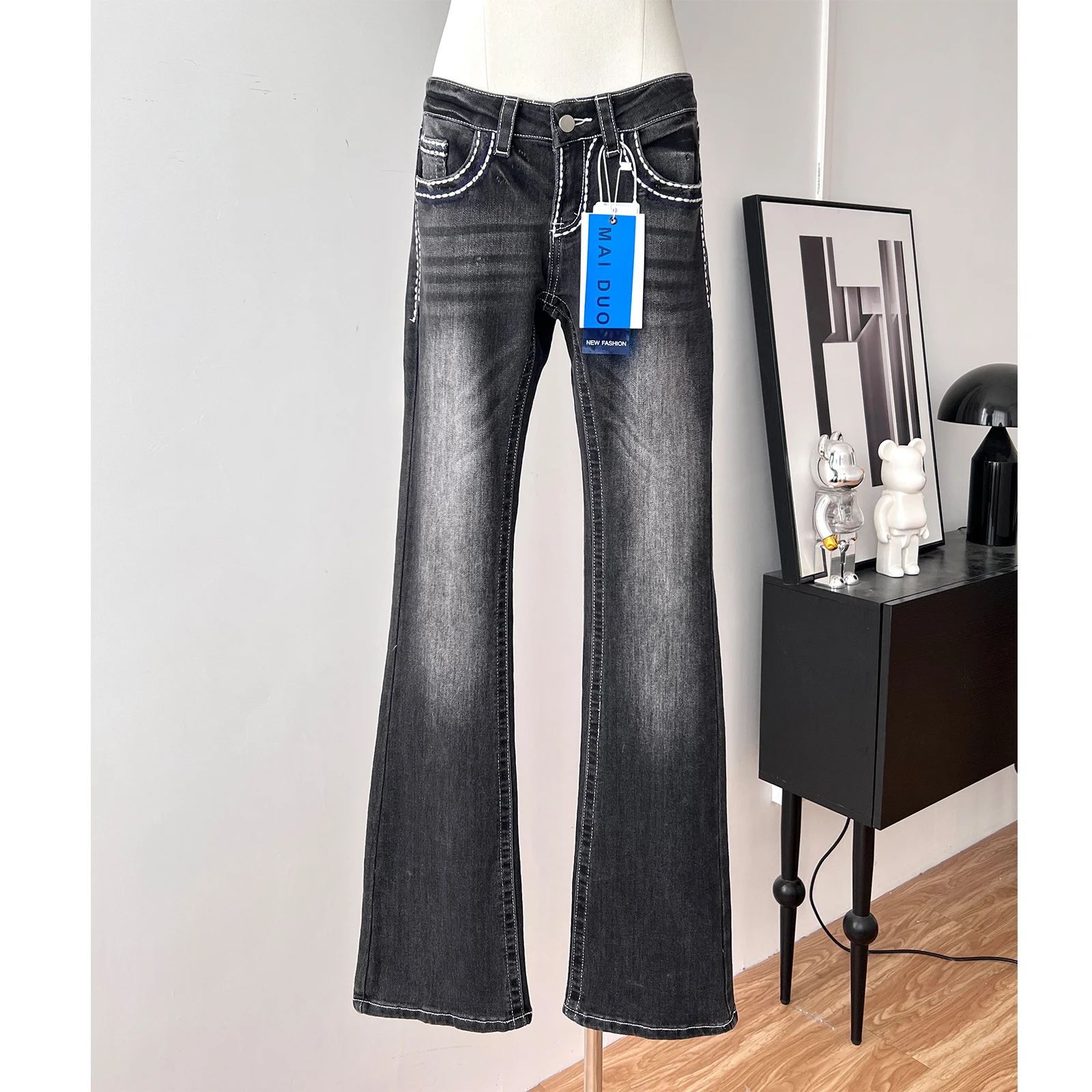 جينز نسائي منخفض الخصر قابل للتمدد نحيف متوهج للسيدات لربيع وخريف ملابس الشارع ضيقة بطول كامل جينز مقطوع #2