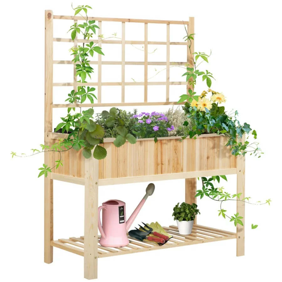 Elevated Garden Bed Wooden Planter Box for Vegetables Flowers with Shelf Outdoor Indoor