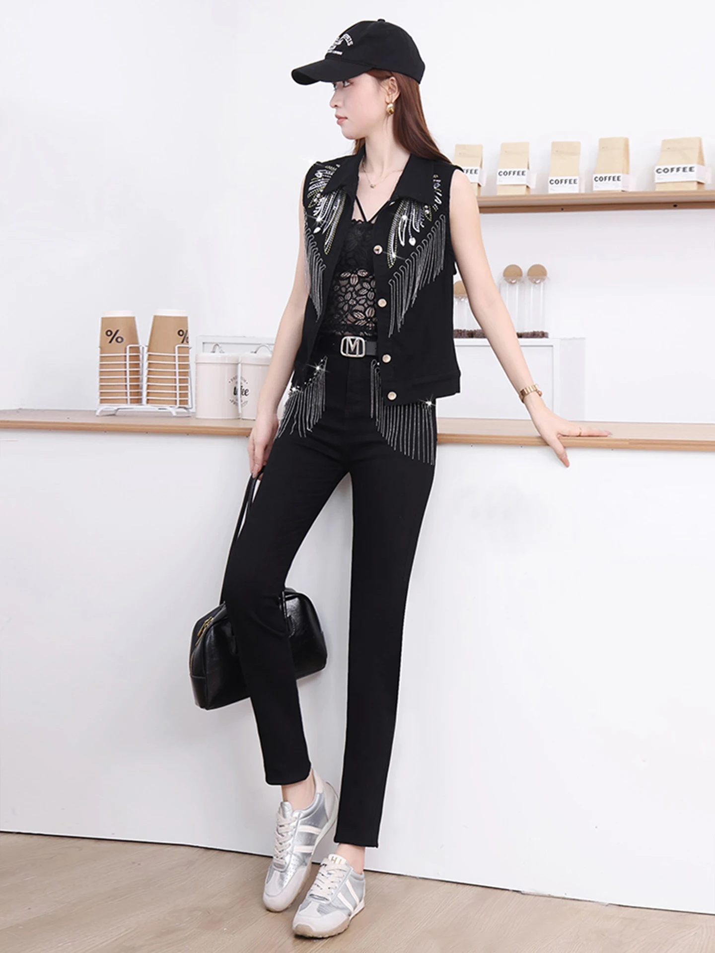 

Модный комплект с короткой курткой в корейском стиле для женщин: топ с бахромой и пайетками и длинные брюки, костюм из двух предметов, новинка весна-осень