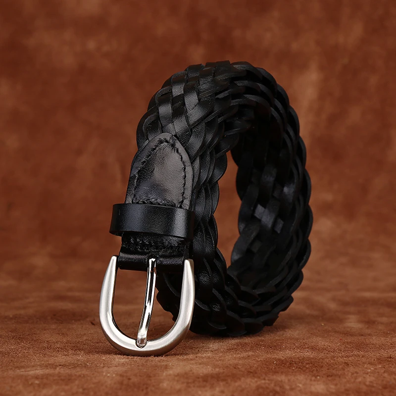 手織り純粋な牛革ベルト-3-センチ幅カジュアル多用途パンツベルト男性と女性のカップル用バックル合金素材