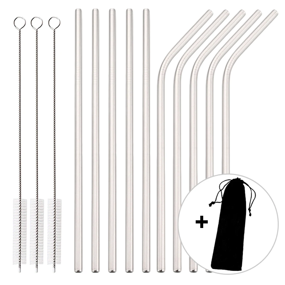 14Pcs Silver Reusable Drinking Straw Metal Straws Cleaner Br