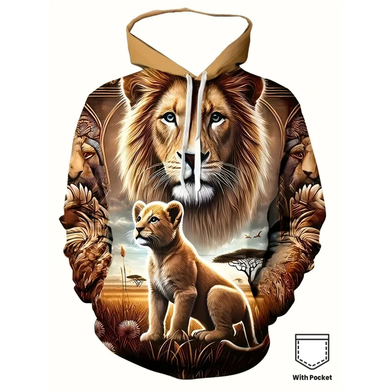 هوديي كاجوال بأكمام طويلة بنمط الأسد المقدس والأسد الصغير ثلاثي الأبعاد للرجال مع جيب برباط، معطف رياضي بنمط عصري، مقاس S #1