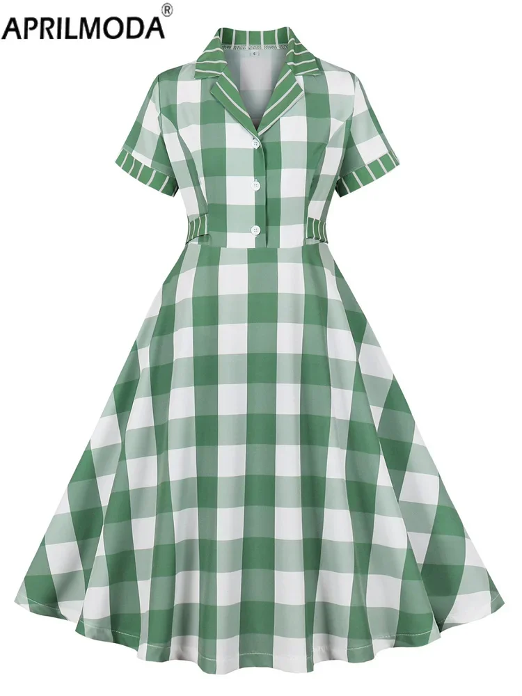 2025 Elegant Vintage Swing Pinup Flare Dresses Green Plaid Print High Waist Summer Tunic Runway Midi Evening Casual Dresses 50s