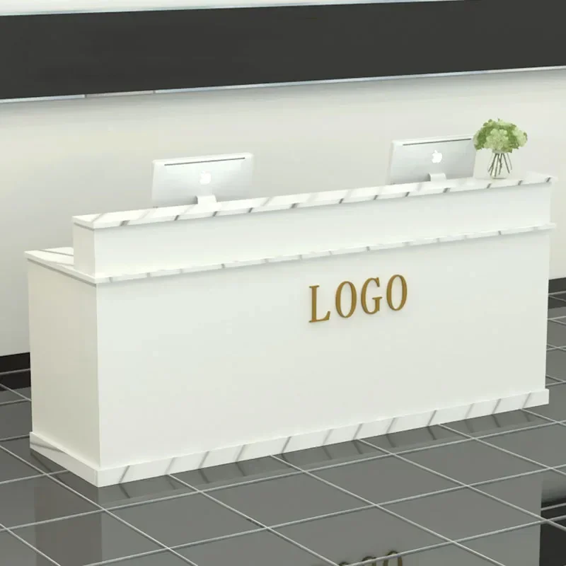 Mesa de recepção de púlpito branco, mesas de restaurante, escritório moderno, pulpitos, bar, caixa registradora, recepcionista, pequeno escritório, loja, móveis