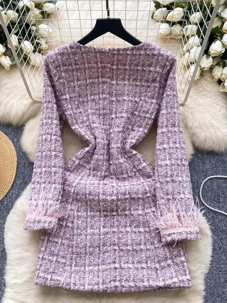 Small Fragrant Long Sleeve Feathers Splice Plaid Lavender Tweed Dresses Women V Neck Zipper Woolen Pocket Party Mini Vestidos