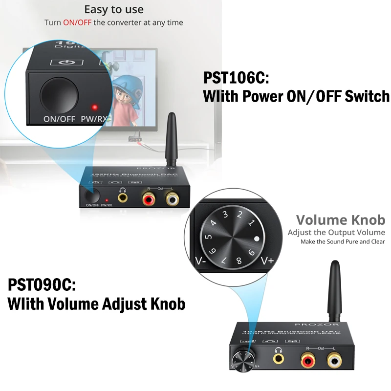 PROZOR Bluetooth 5.0 Receiver DAC Digital to Analog Audio Converter Adapter Coaxial Toslink to Stereo L/R RCA with Power Switch