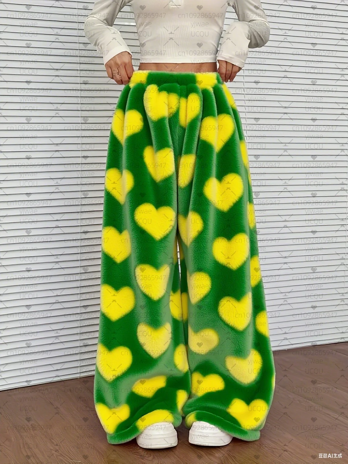 2025, Damen-Pyjama-Plüschhose, gerades Bein, Liebesdruck, lockere Nachtwäsche, Hose, Pyjama-Hose, Damenbekleidung