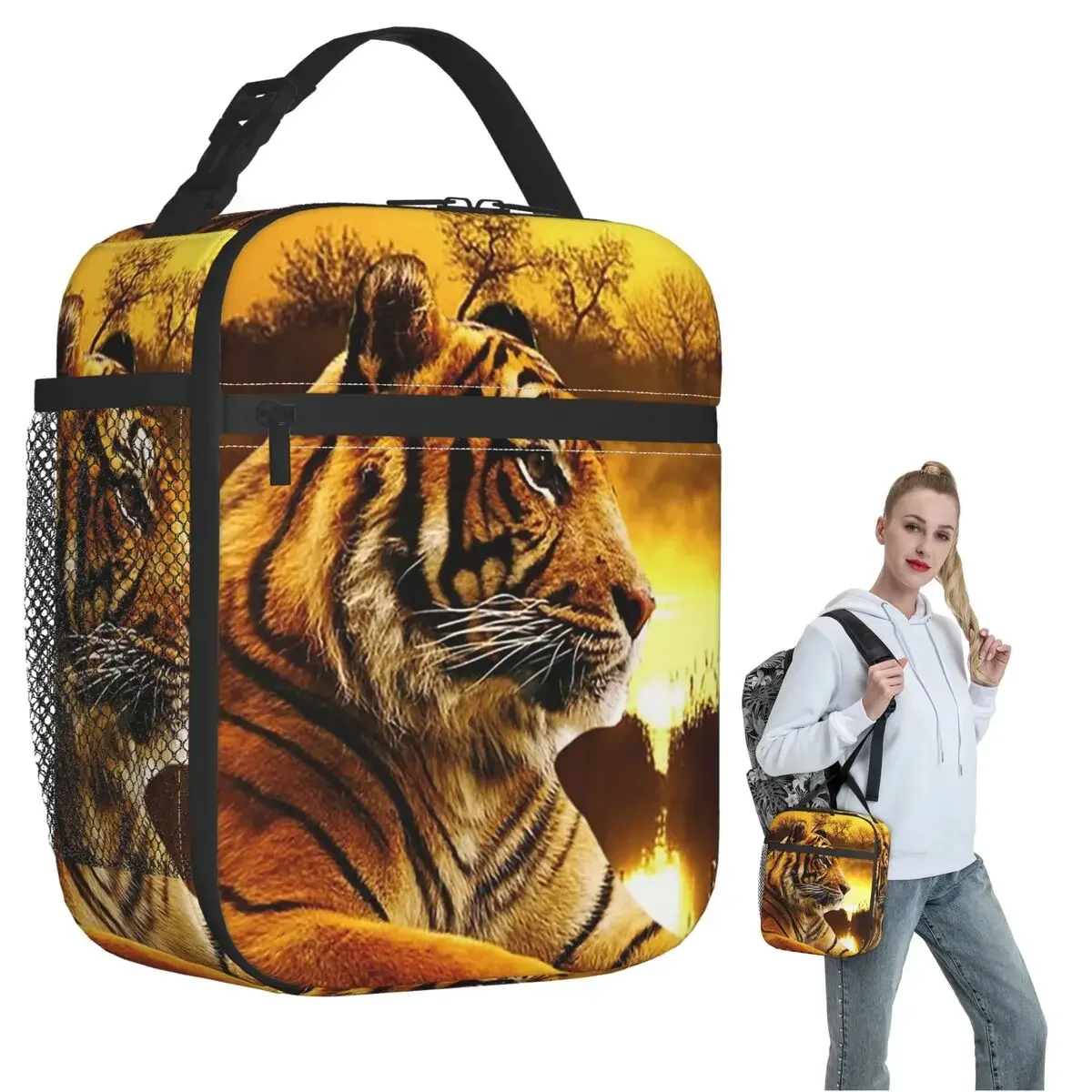 Tiger And Sunset Insulated Lunch Bag for Women Children Portable Food Boxes Thermal Lunch Box Tote
