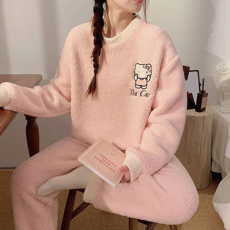 Sanrio Hello Kitty New Pink Pajamas Set Women Winter Coral Plush Thick Home Clothing Set Korean Style Cute Pijama Pjs Set Female