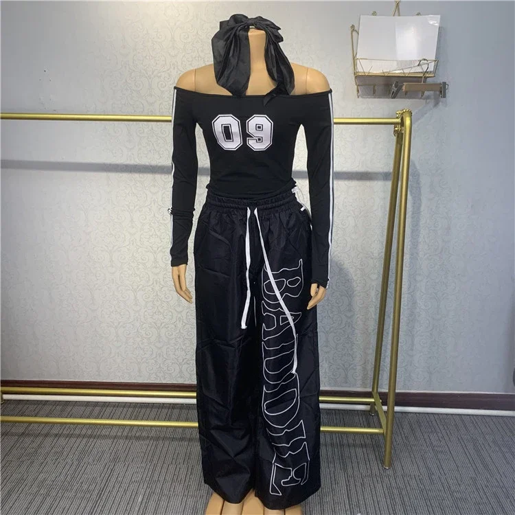 New Casual Three Piece Sets For Women Number Print Sports T Shirt + Baggy Pants Outfits Female Tracksuit