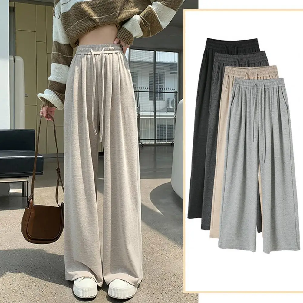 Wide-leg Pants Elastic Waist Bottoms High Waist Wide Leg Women's Pants with Drawstring Soft Solid Color Trousers for Fall Winter