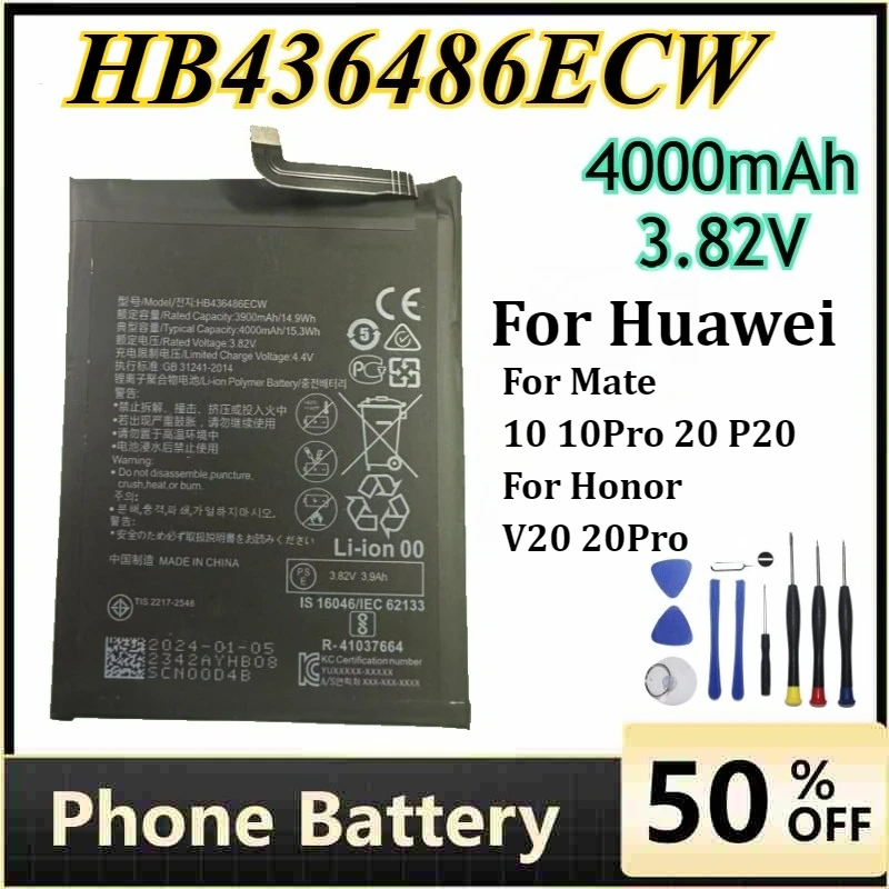

4000mAh HB436486ECW Phone Batteries for Huawei Mate 10 10Pro 20 P20 Honor V20 20Pro Rechargeable Battery+Tools