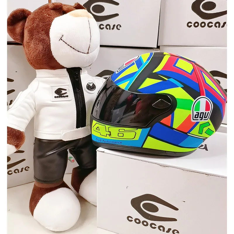 Pequena motocicleta couro urso capacete, brinquedos de pelúcia, capacete completo, acessórios de moto, decoração tensão, cauda caixa ornamento