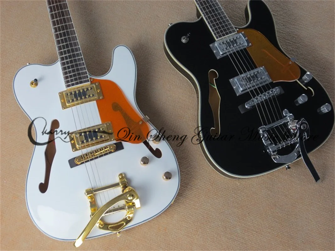 6 strings electric guitar Tel guitar,black semi hollow guitar,gold tremolo bridge ,HH pickups ,white binding