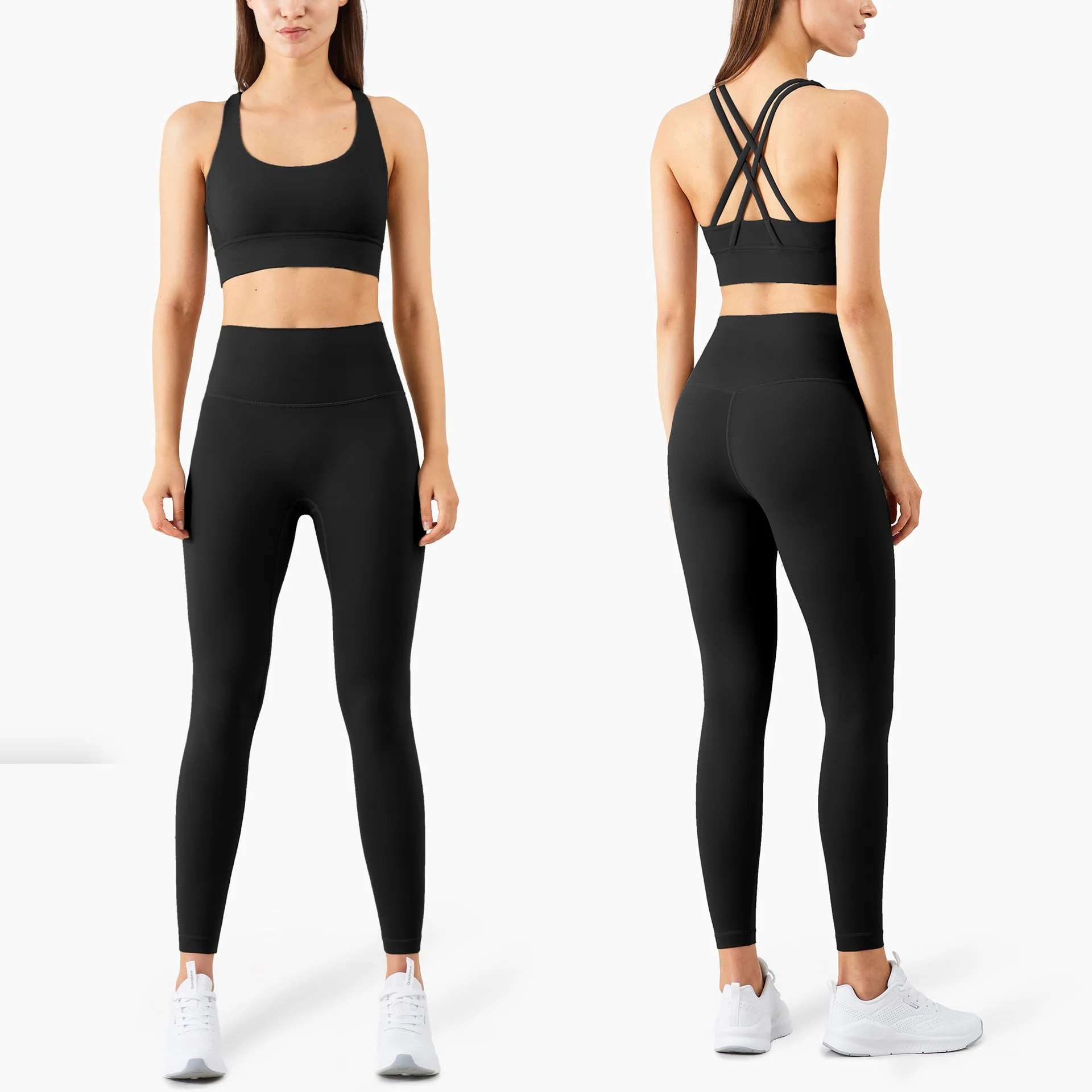 

Solid Color Soft Gym Yoga Set Women Sport Suit High Waist Legging + Cross Back Sports Bra 2pc Workout Comprehensive Training