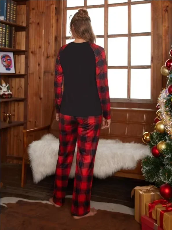 Women Christmas Pajama Set Raglan Long Sleeve Santa Print Top And Plaid Pants 2 Piece Casual Loungewear