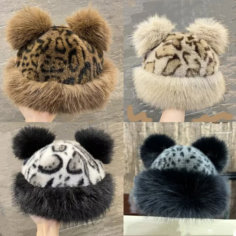 Vintage Leopard Print Bear Hat Korean Faux Fur Mongolian Hat Female Winter Thickened Warm Ear Protection Dome Cap Outdoor Riding