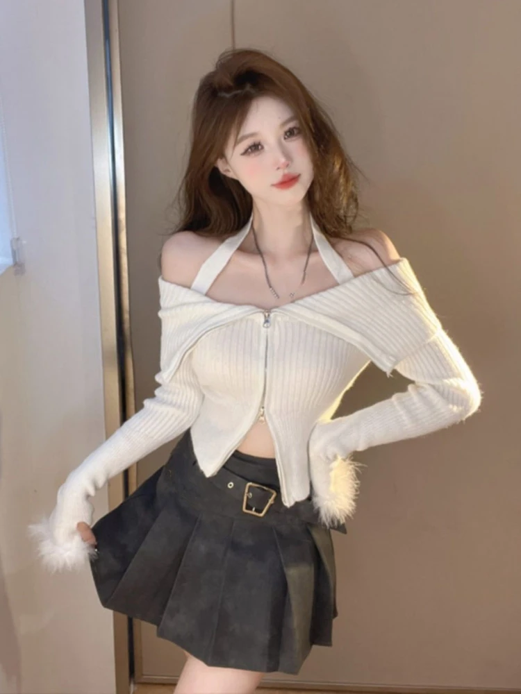 2023 Winter French Elegant 2 Piece Skirt Set Woman Korean Fashion Suit Casual Knitting Blouse + High Waist Y2k Mini Skirt Chic