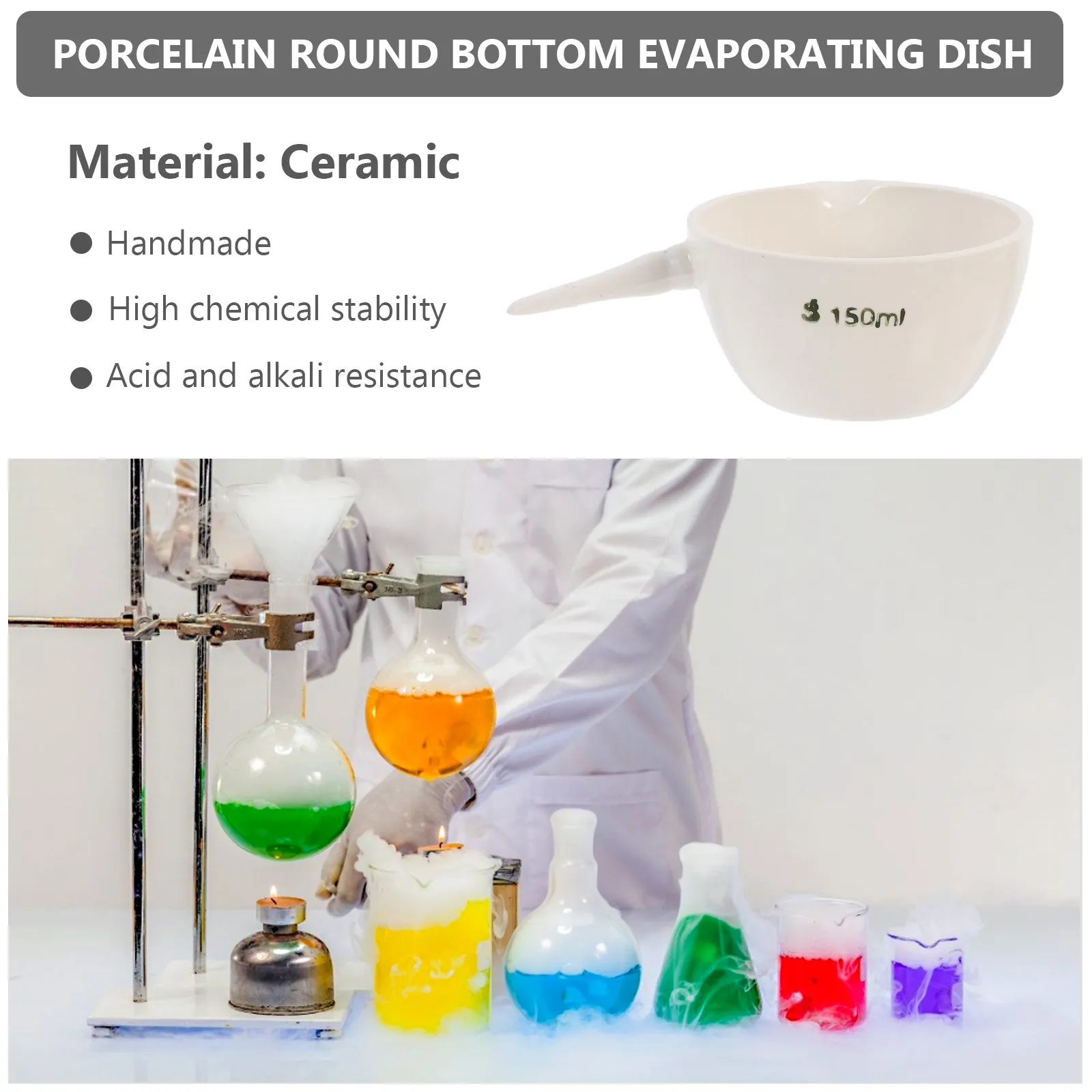 1Pcs Round Evaporating Dish Handle Chemical Resistant Laboratory Evaporating Bowl Evaporate Liquids Concentrate Solution School