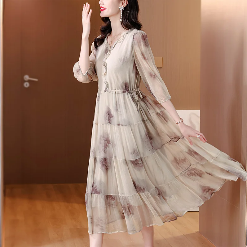 2024 Summer New Silk Short Sleeves V-Neck Dress Women\'s Printed Loose Large Mesh Spliced Slim Knee Length A-line Long Dress