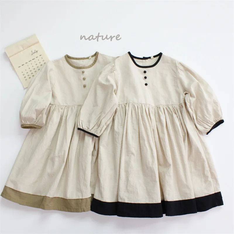 Dress Color-blocking Forest-style Long-sleeved Shirt Going Out New Autumn Cotton Grils Children Korean Loose Casual Fashionable