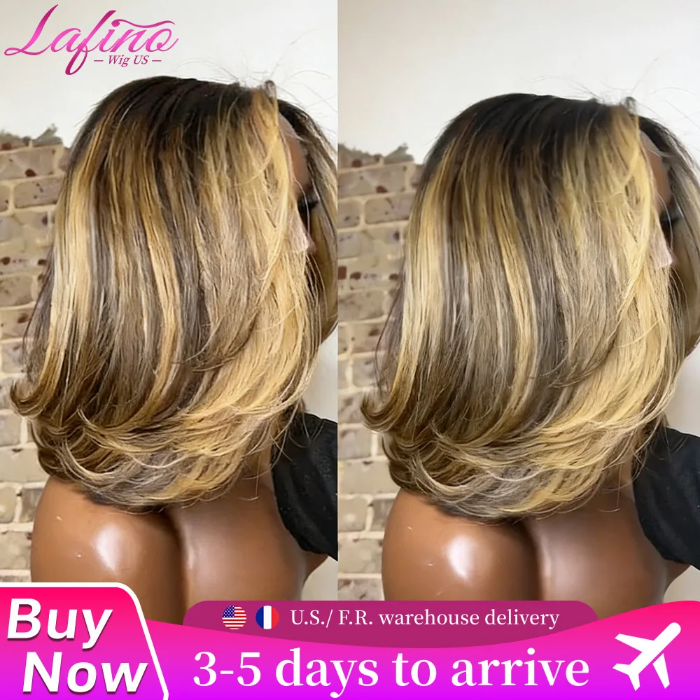 

Многослойный парик-каре с блонд-оттенками, из натуральных волос, 5x5 HD, с предварительно нарезанным кружевным основанием, плотность 230, прямые, омбре, цветные парики для женщин