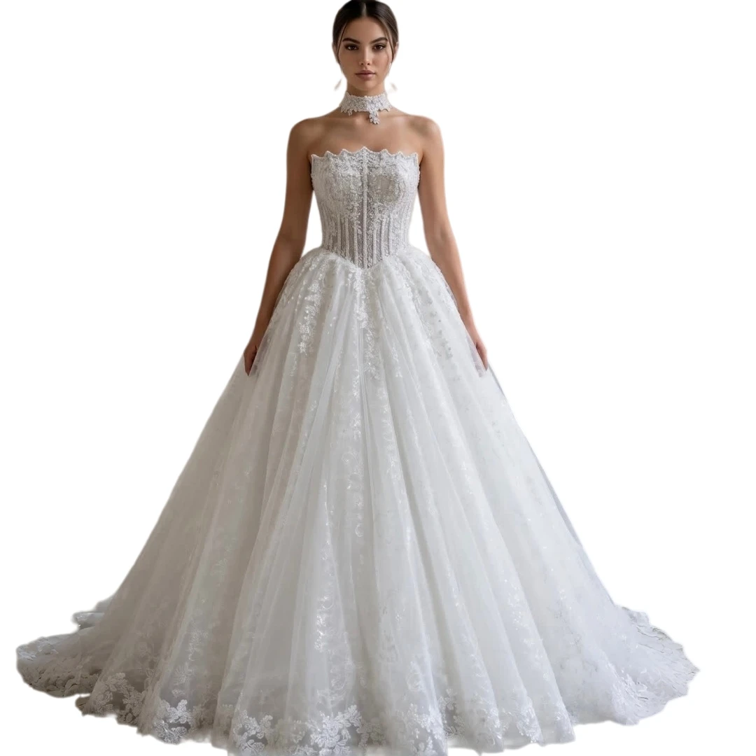 Strapless Lace Ball Gown Wedding Dress Corset Bodice Back Lace-up Sleeveless Garden Bridal Gown With Train Customized view 2