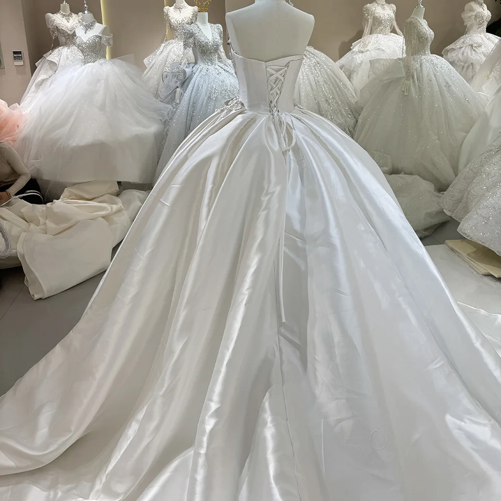 فستان زفاف فاخر من الساتان مع دانتيل مزين بحفلة الأميرة بدون أكمام بدون حمالات فستان عروس مخصص فيستدو دي نوفيا #6