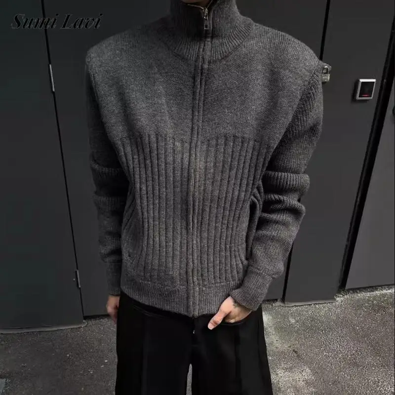 

Мужской вязаный кардиган на молнии с воротником-стойкой, винтажный, приталенный, однотонный, для весны 2026 года, повседневный, зимний