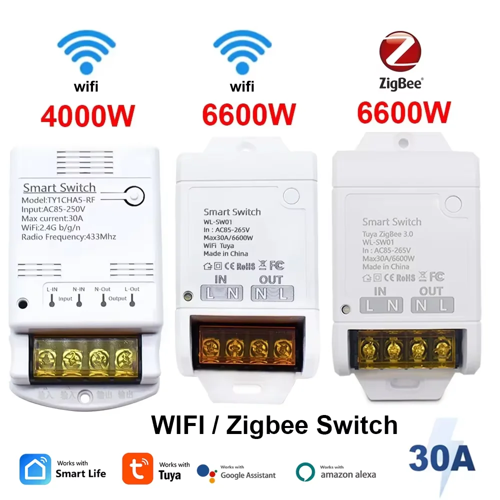 ZIGBEE/WiFi Smart Switch 30A 6600W/4000W Tuya Relay Module AC DC 7-32V 85-250V Timer Home Automation Alexa DIY Smartlife APP