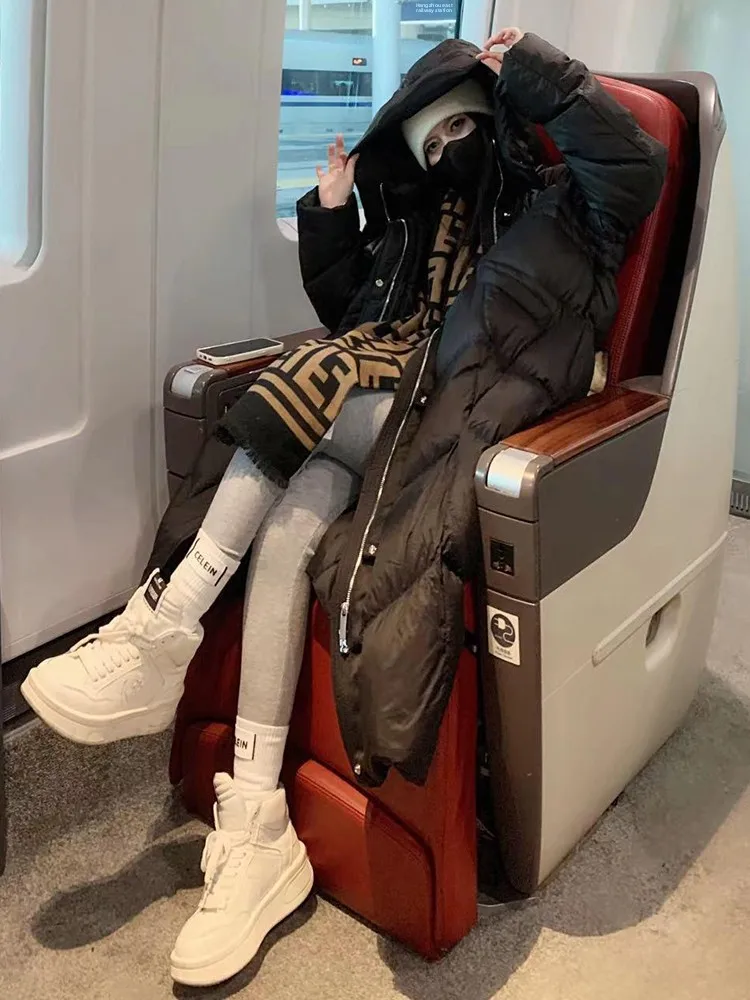 Cappotto da donna bianco sopra il ginocchio lungo Du down Jaet Cappotto da pane con cerniera e cappuccio caldo tessuto memory casual vestibilità ampia