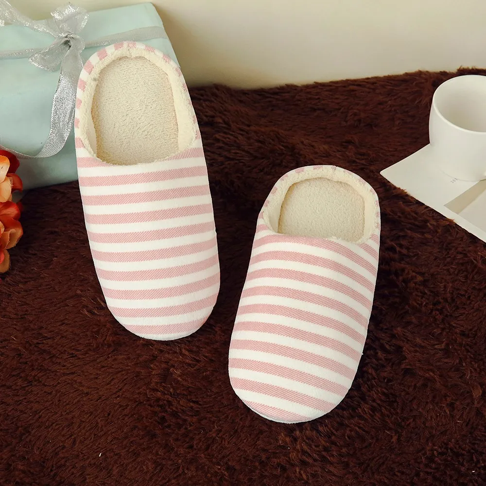 Women Men Slippers Warm Striped Slipper Indoors Anti-slip Winter House Plush Shoes Bedroom Couples Non-slip Soft Floor Shoes