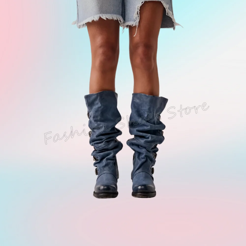 Demin côté fermeture éclair boucle décor bottes bout rond gros talons hauts chaussures à talons hauts pour femmes talons 2025 nouveaux Zapatos Para Mujere