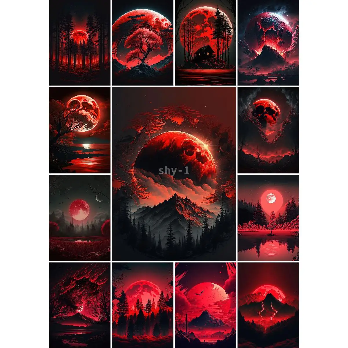 Japanese  Asian Passion Collection  Enigmatic Red Moon Forest Dark Wall Poster Print for Home Decor