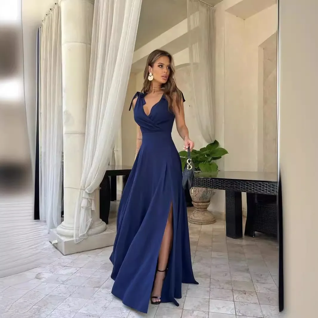Women's Elegant Summer Wedding Guest Party Maxi Dress Deep V Neck Sleeveless Irregular Hem High Slit Solid Color Loose Fit