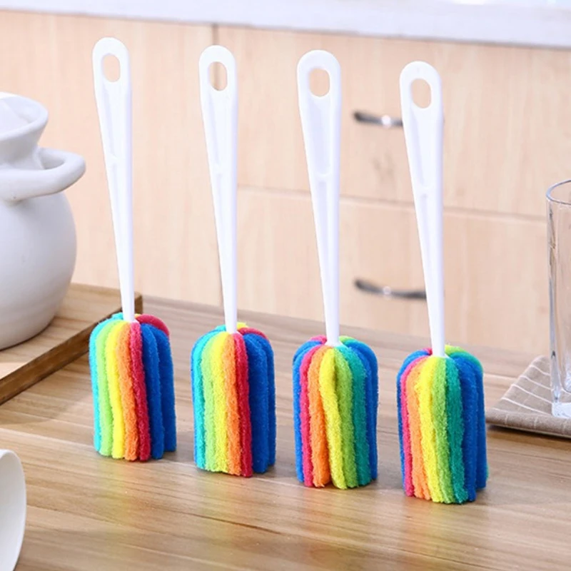 Rainbow Sponge Brush Water Bottle Cup Mug Glass Washing Sponge Cleaning Brush Scrubber With Handle Cleaning Utensils