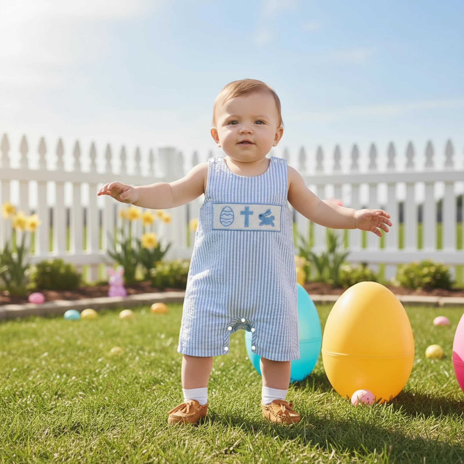 Summer Easter Infant Baby Boy Stripe Romper Overalls Bunny Egg Embroidery Sleeveless Jumpsuit Blue Clothes