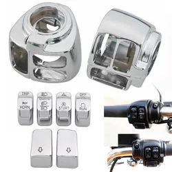 Motorcycle Chrome Handlebar Control Switch Housings Cover and Switch Cap Buttons Kit For Harley Touring Road King Dyna Softail