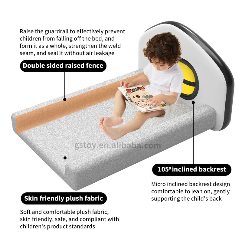 STLF Flocked Eco Friendly PVC Inflatable Children Mattress House Shaped Backrest Kids Travelling Air Bed With Rail