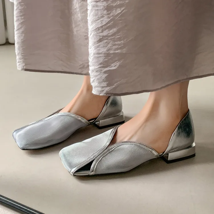 

2025 Summer Shallow Women Silver Flats Square Toe Design Beach Sandals Black Mesh Breathable Casual Stilettos Chaussure Femmes